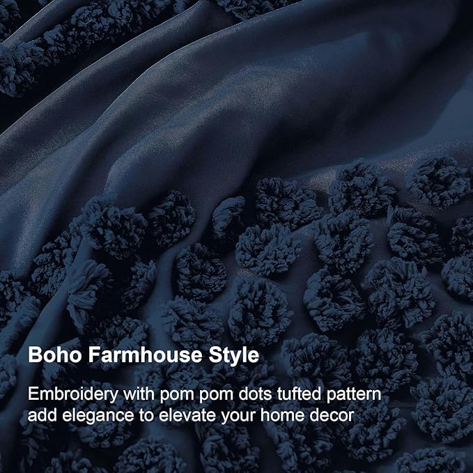 Luxudecor Navy Blue Boho Tufted Comforter Set Queen Size 3 Pieces Boho Shabby Chic Comforter Farmhouse Embroidery Bedding Set Soft Comforter for All Seasons (Navy Blue, 90''x90'')