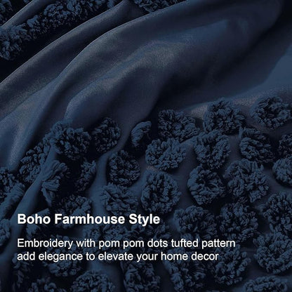 Luxudecor Navy Blue Boho Tufted Comforter Set King Size 3 Pieces Boho Shabby Chic Comforter Farmhouse Embroidery Bedding Set Soft Comforter for All Seasons (Navy Blue, 104''x90'')