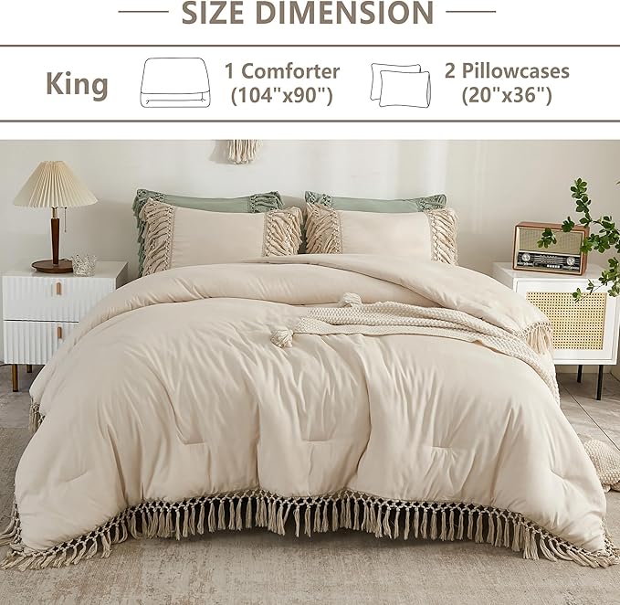 Andency King Size Comforter Set Beige, 3 Pieces Boho Tassel Lightweight Soft Bedding Comforter Sets for King Bed, All Season Fluffy Bed Set (104x90In Comforter & 2 Pillowcases)