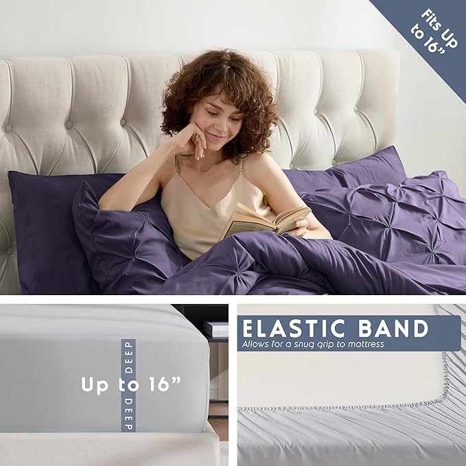 Nestl California King Comforter Set 7 Piece - Pintuck Cal King Comforter Set Purple, California King Bed in a Bag, All Season Bed Set with Flat Sheet and Fitted Sheet, Pillowcases and Shams