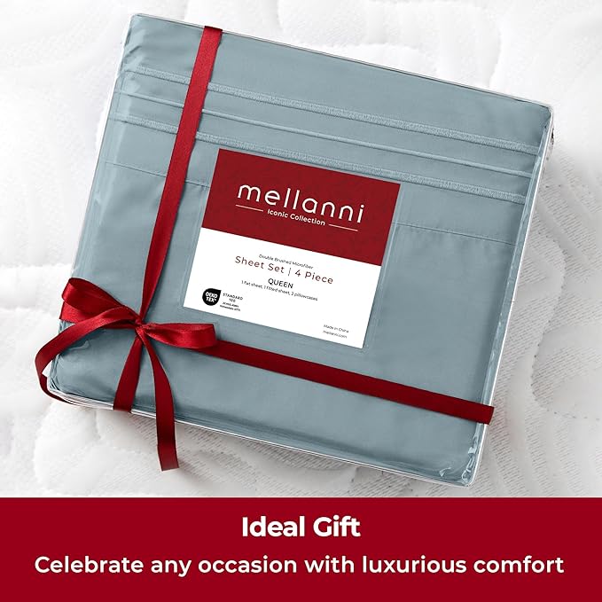 Mellanni Extra Deep Queen Sheets - 4 PC Iconic Collection Bedding - Hotel Luxury, Ultra Soft, Cooling Bed Sheets - Wrinkle, Fade, Stain Resistant (Queen, Spa Blue)