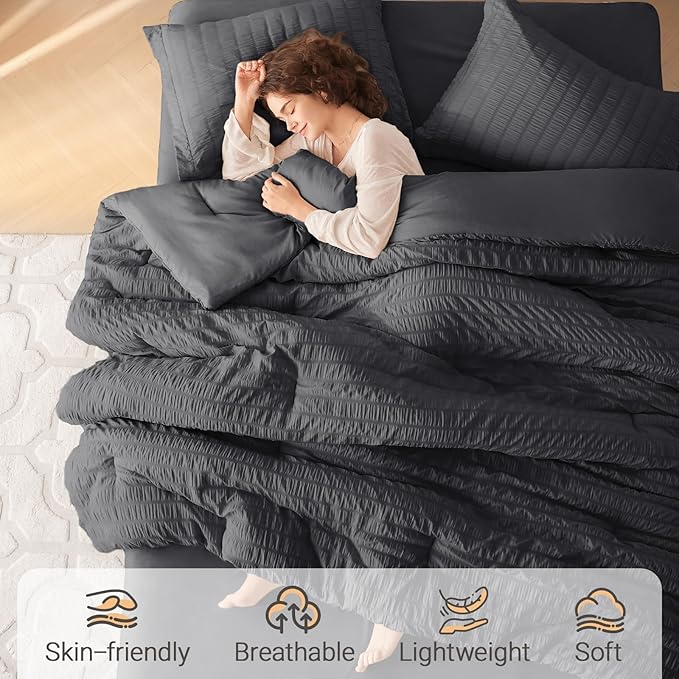 MUXHOMO 7 Pieces Queen Comforter Set, Seersucker Bed in a Bag Queen Size, All Season Luxury Bedding Set with Comforter, Flat Sheet, Fitted Sheet, Pillowcases & Shams, Dark Grey