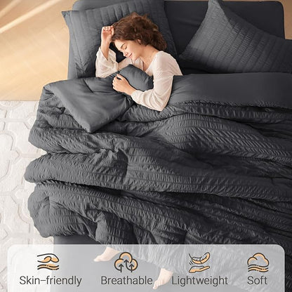 MUXHOMO 5 Pieces Twin XL Comforter Set, Seersucker Bed in a Bag Twin XL Size, All Season Luxury Bedding Set with Comforter, Flat Sheet, Fitted Sheet, Pillowcase & Sham, Dark Grey