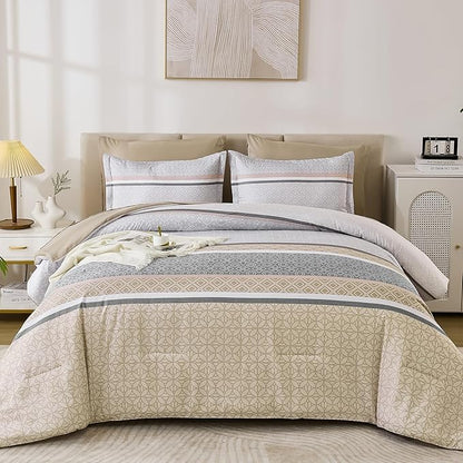 WONGS BEDDING Beige Comforter Set Queen Size, 7 Pieces Striped Bed in a Bag Comforter and Sheet Set,Patchwork Soft Lightweight Micorfiber Bedding Set for All Seaon (90"×90")