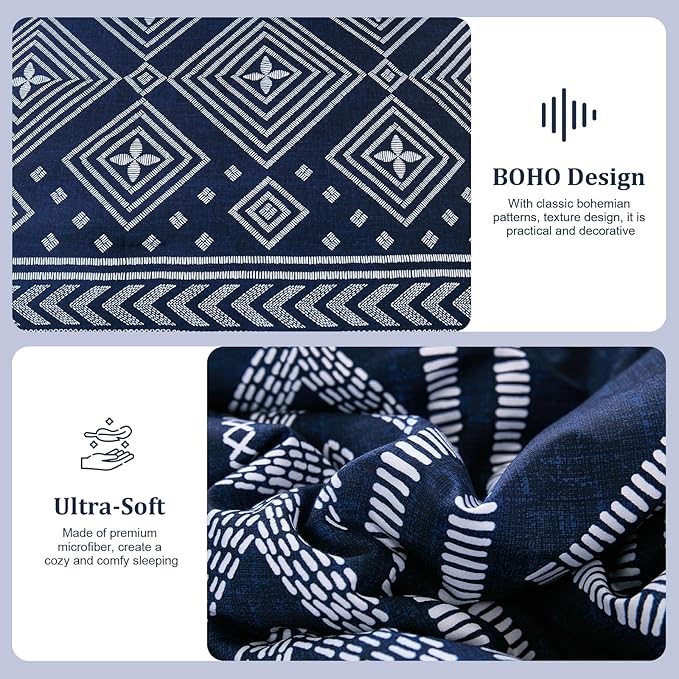 Yiran Navy Blue King Comforter Set, 7 Piece Boho Striped Bedding Set, Geometric Bed in a Bag King, Soft Microfiber Bohemian Complete Bedding Set with Sheets for All Season