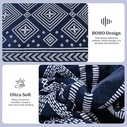 Yiran Navy Blue King Comforter Set, 7 Piece Boho Striped Bedding Set, Geometric Bed in a Bag King, Soft Microfiber Bohemian Complete Bedding Set with Sheets for All Season