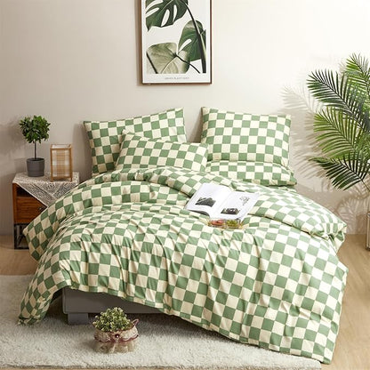 CLOTHKNOW Green White Plaid Queen Comforter Set Grid Bedding Comforter Sets Checkerboard Comforter Checker Queen Comforter with 2 x Pillow Cases