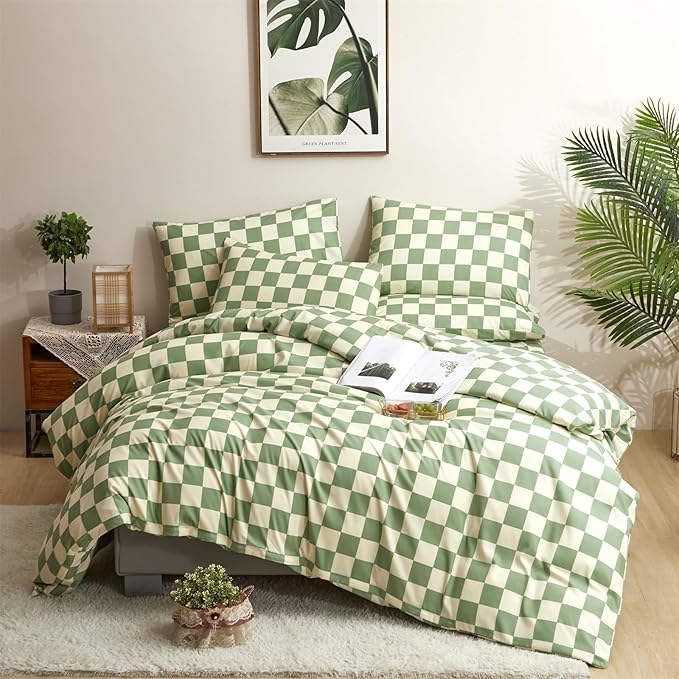 CLOTHKNOW Green White Plaid Full Size Comforter Sets Grid Bedding Comforter Sets Soft Checker Geometric Comforter with 2 x Pillow Cases