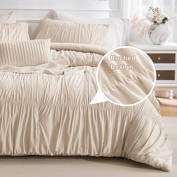Masaca Queen Comforter Set(90"x95"),3 Pieces Ruched Ruffle Comforter Set Lightweight Shabby Boho Chic Farmhouse Queen Bedding Ultra Soft（1 Wheat Comforter and 2 Pillowcases）