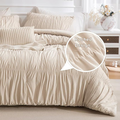 Masaca King Size Comforter Set(106"x95"),Wheat Ruched Bedding Comforter,Farmhouse Shabby Boho Chic Bedding 3 Pieces Lightweight Ruffle Textured Cal King Bed Comforter for All Season