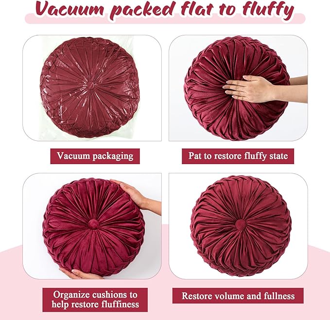1 Pcs Round Throw Pillows Decorative Velvet Pleated Throw Pillows 15'' Diameter Accent Pumpkin Boho Chair Cushion for Couch Sofa Chair Bed Home Decoration (Wine Red)