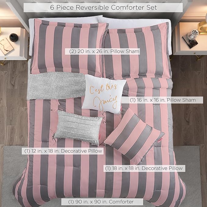 Juicy Couture Cabana Stripe Reversible Bedding Set - Queen/Full Size - Pink and Grey Stripe Print - 6 Piece Set - Includes 1 90 x 90 Comforter, 3 Decorative Pillows, 2 Shams