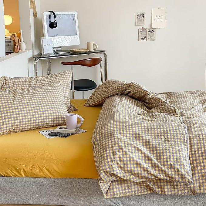 mixinni Yellow/Purple Gingham Comforter Set Full, Plaid Comforter Set 3 Pieces 1 Vintage Grid Comfoter with 2 Pillow Cases for All Seasons, Soft Fluffy Modern Grid Pattern Printed Bedding-Full Size