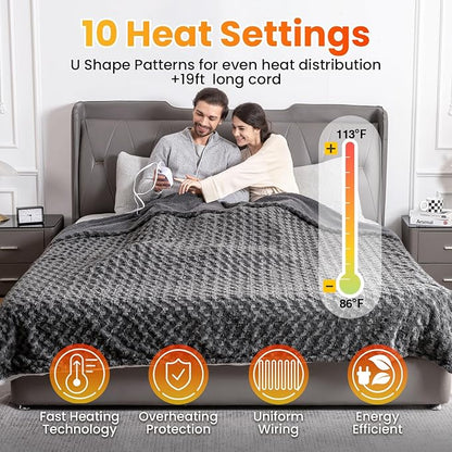 WOOMER Heated Blanket Full Size 77" x 84", Electric Blanket with a Control, 0.5-12 Hours Timer & 10 Heating Levels, ETL Certified, Dark Grey Roses Patterns Faux Fur & Sherpa, Machine Washable