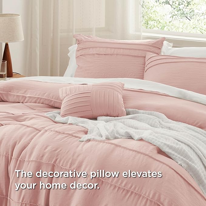 Bedsure Twin Comforter Set - 3 Pieces Pinch Pleat Bed Set, Light Pink Boho Bedding for All Season, 1 Soft Comforter, 1 Pillowcase, 1 Decorative Pillow