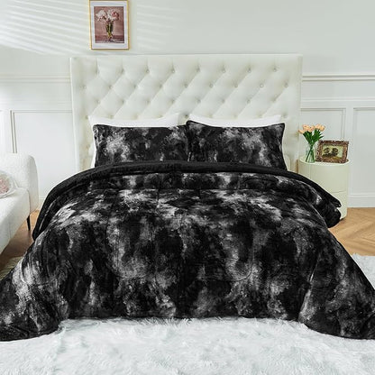 YIYEA Fluffy Queen Size Comforter Set, Luxury Faux Fur Comforter, Ultra Soft Plush Fuzzy Velvet Bedding Comforter Sets for Fall Winter, Cozy Warmth, No Shedding, 3PC, Queen