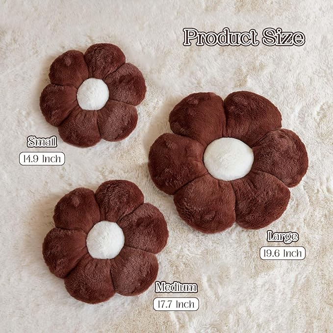 Brown Flower Pillow Cute Decorative Flower Throw Pillow with Faux Rabbit Fur 19.6" Soft Daisy Plush Floor Cushion Aesthetic Room Decor for Bed Sofa Couch