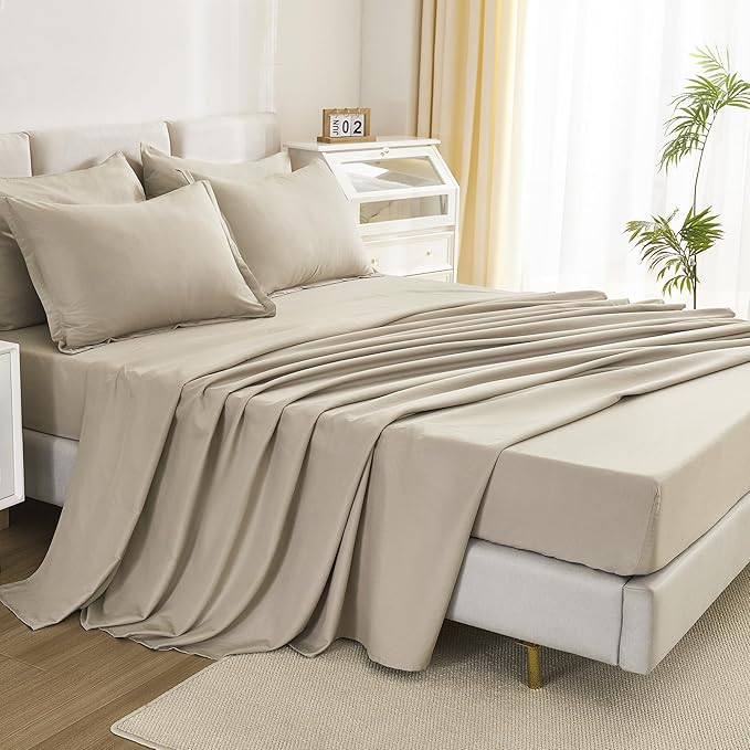 Litanika Super King Plus Comforter Sets Oatmeal - 7 Pieces Bed in a Bag Oversized King Bedding Comforter Sets, Solid Lightweight Bed Set with Comforter, Sheets, Pillowcases & Shams