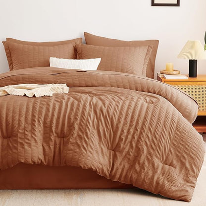 CozyLux Queen Comforter Set Pumpkin Seersucker 7 Pieces Bed in a Bag Queen Comforter Set with Sheets, Luxury Bedding Sets with Down Alternative Comforter, Sheets, Pillowcases & Shams All Seasons