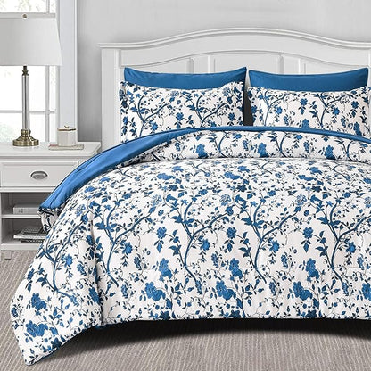 Comforter Set for Queen Bed -7 Pieces Bed in a Bag Soft Microfiber Bed Set Blue Leaves Floral Pattern on White Spring Queen Comforter Sets with Sheets for All Seasons (Queen, Blue)