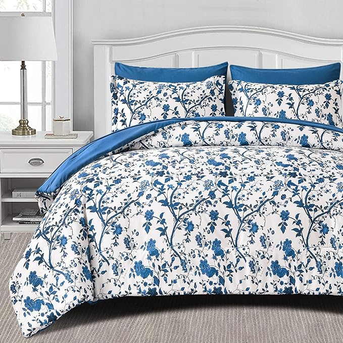 King Size Comforter Set - 7 Pieces Bed in a Bag Soft Microfiber Bedding Comforter Set Leaves Floral Pattern on White Comforter Sets with Sheets for All Seasons (King, Blue)