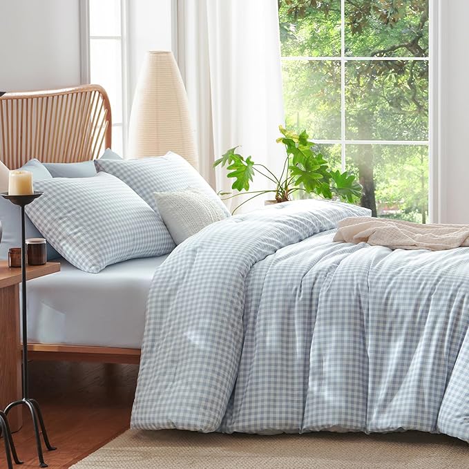 Nayoroom Gingham Comforter Set Full Size Blue Plaid Checkered Dorm Bedding Set 3 Pieces Soft Lightweight Farmhouse Grid Comforter for All Seasons (1 Comforter, 2 Pillowcases)