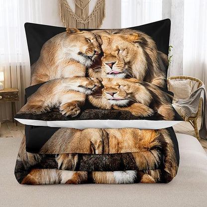 Bodhi Lover Couple Lion Comforter Set King Soft Microfiber Lion Bedding Set King Size Animal Comforter Set with Pillowcases,1 Comforter+2 Pillow Shams #4004