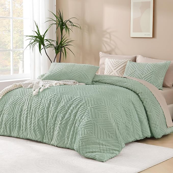 Andency Oversized King Comforter Set 120''x120'', 3 Pieces Sage Green Super King Boho Bedding Set & Collections, All Season Soft Farmhouse Tufted Fluffy Bed Set (1 Comforter, 2 Pillowcases)