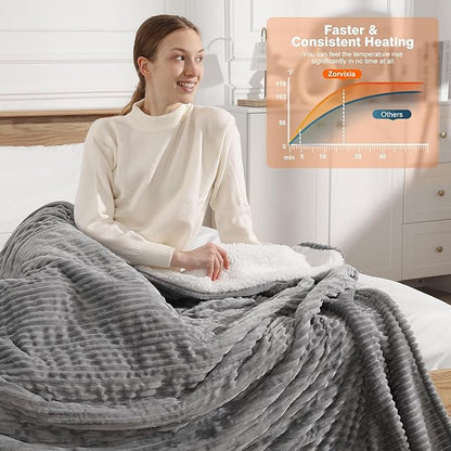 Electric Blanket Full Heated Blanket Full Size - Striped Flannel & Thick Sherpa, 5 Heat Settings & 10 Hour Auto Off with FCC/ETL Certified, Overheat Protection & Machine Washable, Light Grey 72"x84"