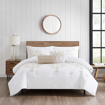 Modern Threads Sabrina Embroidered Comforter Set – 5 Piece White Bed Set with Gold Detailing, Decorative Pillows & Shams, Luxuriously Soft Jacquard Bedding, King