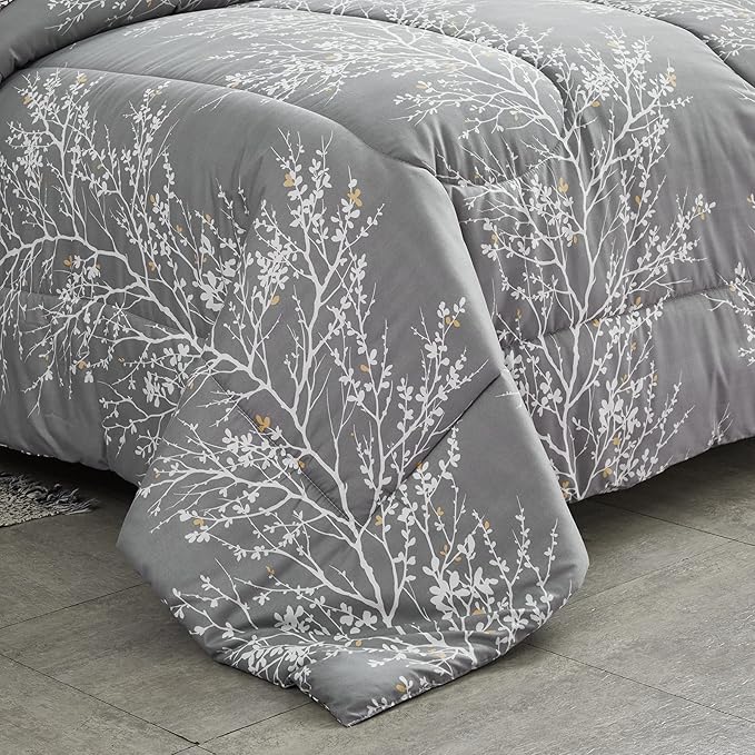 UOZZI BEDDING Bed in a Bag 7 Pieces Queen Size Gray Branches with Yellow Dots - Soft Microfiber Reversible Bed Comforter Set (1 Comforter 2 Pillow Shams 1 Flat Sheet 1 Fitted Sheet 2 Pillowcases)