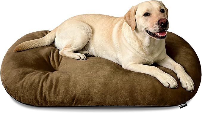 Washable Large Dog Bed for Medium & Large Breeds, Non-Slip Bottom & Plush Faux Silver Fox Fur Oval Cushion Pad for Big Dogs, Soft Mat for Crates, Brown, 41x27 Inch