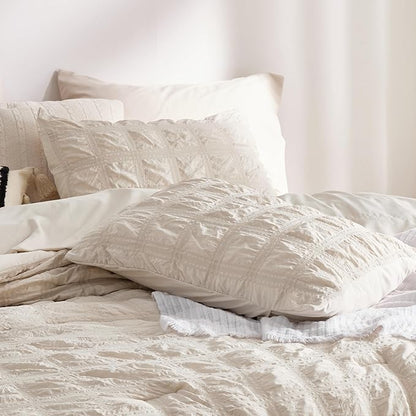 Bedsure Bed in a Bag Twin - 5 Pieces Plaid Seersucker Bedding Comforter Sets, Soft Lightweight Beige Boho Bed Set with Comforters Twin Size, Sheets, Pillowcase & Sham