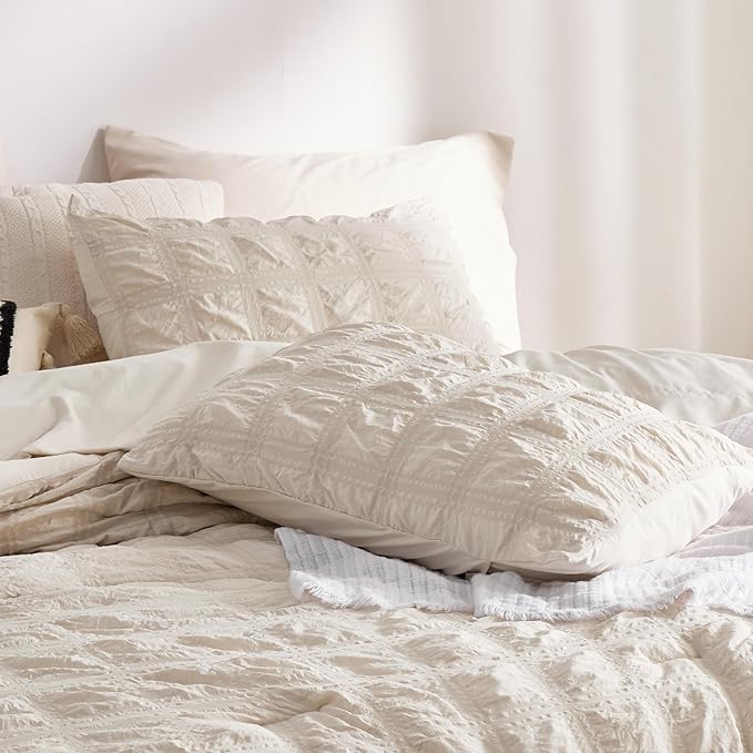Bedsure Bed in a Bag King - 7 Pieces Plaid Seersucker Bedding Comforter Sets, Soft Lightweight Beige Boho Bed Set with Comforters King Size, Sheets, Pillowcases & Shams