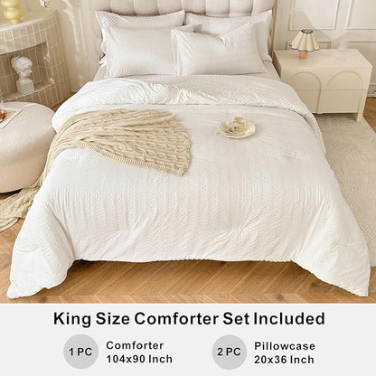 Boho Comforter Set King Size Striped Pleats Bohemian Seersucker Bedding Set All Season Soft Cozy 3 Pieces Quilt with 2 Pillowcases(104"X90" White)