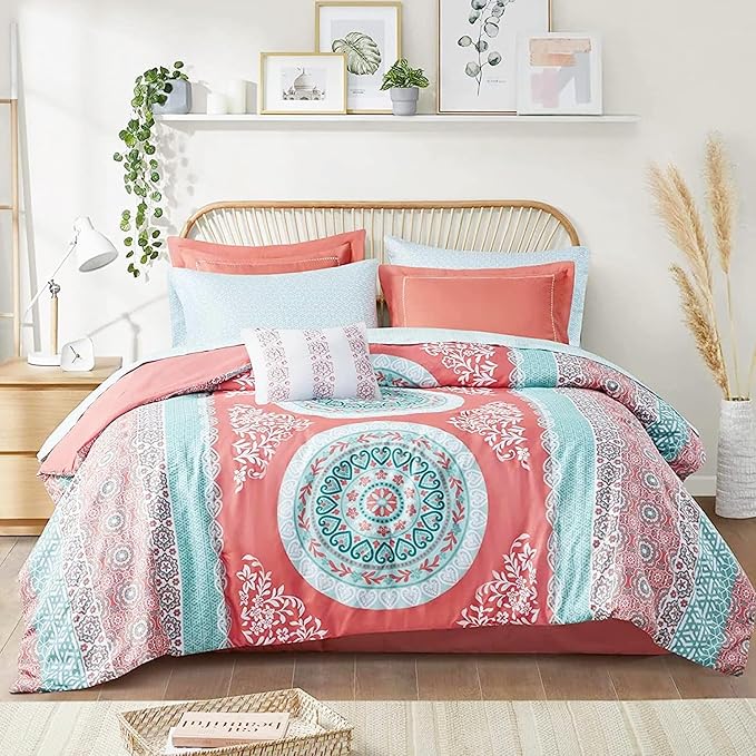 Intelligent Design Complete Bed In A Bag Casual Boho Comforter with Sheet Set Decorative Pillow, All Season Bedding Set, Queen, Loretta Coral 9 Piece