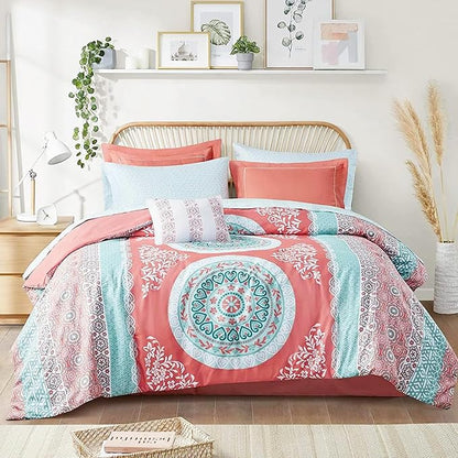 Intelligent Design Complete Bed In A Bag Casual Boho Comforter with Sheet Set Decorative Pillow, All Season Bedding Set, Queen, Loretta Coral 9 Piece