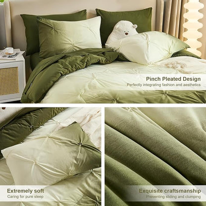 Dinjoy Ombre Comforter Set Queen Size, 7-Piece Bed in a Bag for All Season, Pintuck Colorful Rainbow Bedding Sets with Comforter, Flat Sheet, Fitted Sheet and Pillowcases & Shams, Green