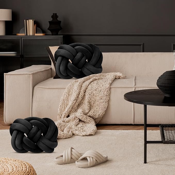 Sintuff Set of 2 Velvet Knot Pillow Ball 14 x 16 Inch Soft Decorative Knotted Throw Pillow for Christmas Thanksgiving Couch Home Sofa Bedroom Decor to Add Comfort and Style(Black)