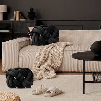 Sintuff Set of 2 Velvet Knot Pillow Ball 14 x 16 Inch Soft Decorative Knotted Throw Pillow for Christmas Thanksgiving Couch Home Sofa Bedroom Decor to Add Comfort and Style(Black)