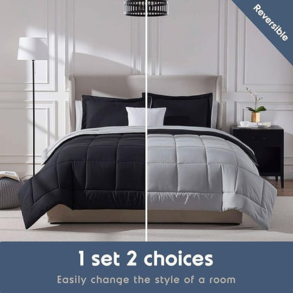 Nestl 7 Piece California King Comforter Set – Black Reversible Bed in a Bag – Complete Cal King Size Bedding Set with Sheets, Pillowcases and Shams