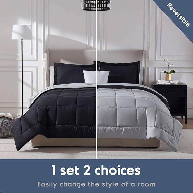 Nestl 7 Piece Full Comforter Set – Black Reversible Bed in a Bag – Complete Full Size Bedding Set with Sheets, Pillowcases and Shams