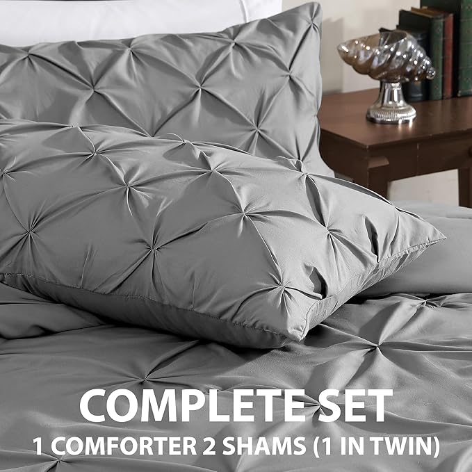 Cathay Home Twin Bedding - Pintuck 2-Piece Comforter and Sham Set - Ultra Soft & All Season Warmth - Grey