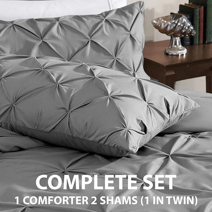 Cathay Home Twin Bedding - Pintuck 2-Piece Comforter and Sham Set - Ultra Soft & All Season Warmth - Grey