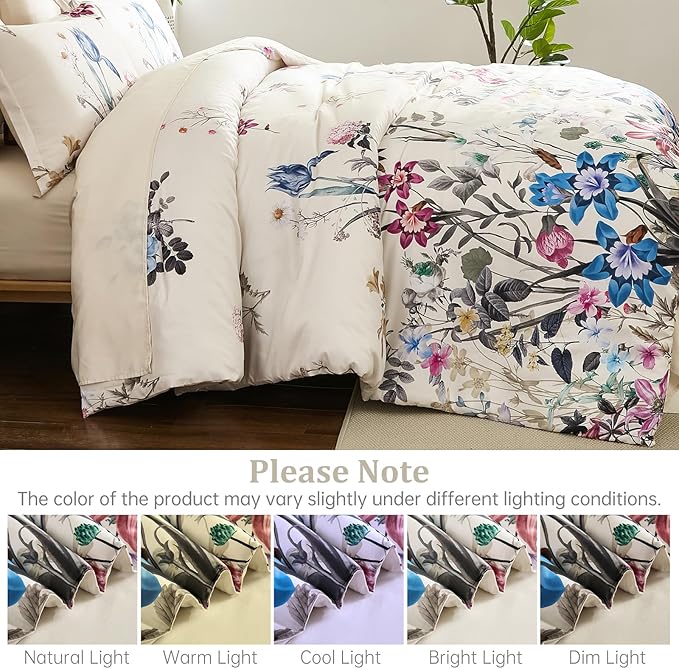 WONGS BEDDING Floral Comforter Set King, 7 Piece Beige Bed in a Bag Bedding Set with Botanical Flowers Patterns, Soft Lightweight Complete Comforters with Sheets for All Season