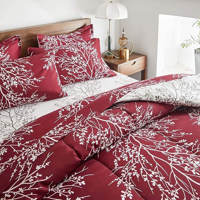 Christmas Bed in a Bag Burgundy Red Comforter Sheet Set 7 Pieces Queen Size All Season Tree Branch Soft Microfiber Bedding Set (1 Comforter 2 Pillow Shams 1 Flat Sheet 1 Fitted Sheet 2 Pillowcases)