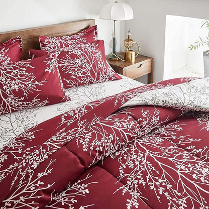 Christmas Bed in a Bag Burgundy Red Comforter Sheet Set 7 Pieces Queen Size All Season Tree Branch Soft Microfiber Bedding Set (1 Comforter 2 Pillow Shams 1 Flat Sheet 1 Fitted Sheet 2 Pillowcases)