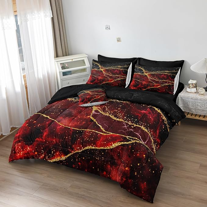 Bedorm Red Marble Comforter Set 6 Pcs Twin Size Bedding Set in A Bag Black Gold Marble Stone Texture Abstract Room Decor