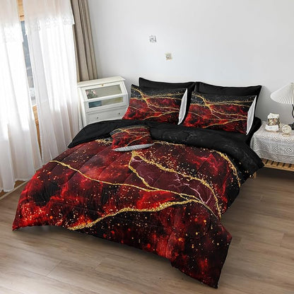 Bedorm Red Marble Comforter Set 6 Pcs Twin Size Bedding Set in A Bag Black Gold Marble Stone Texture Abstract Room Decor