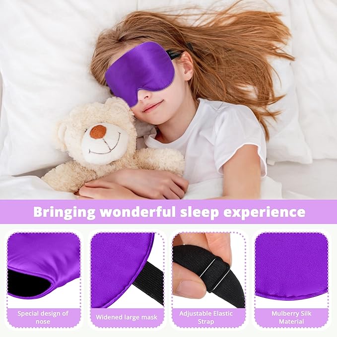 Kids Sleep Mask Eye Cover, 100% Real Natural Pure Silk Eye Mask with Adjustable Strap, Blindfold Kids Eye Mask for Sleeping, Eye Shade for Boys Girls and Adult, Pressure-Free Comfort (Violet)